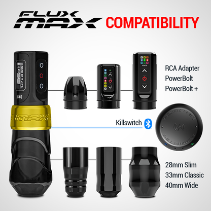 Flux Max Gold w/ 2 PowerBolts II - FK Irons - Precision Tattoo Machines